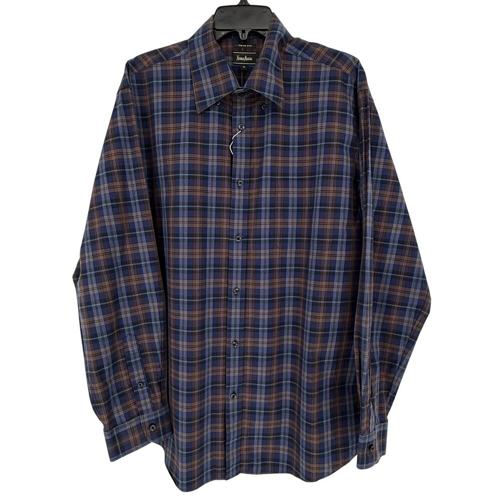 Neiman Marcus Men's Casual Shirt Button Up Navy Brown Check Plaid